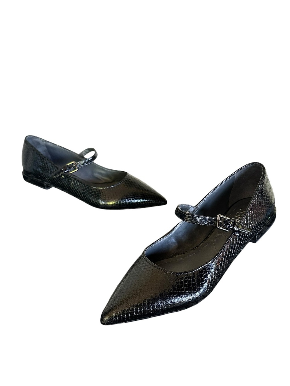 FRANCO SARTO Nalin Black Snakeskin Patent Leather Pointed Toe Mary Jane Flats - Picture 9 of 10